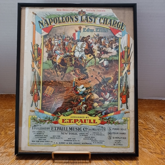 Framed Napoleon's Last Charge music sheet arranged by E.T. Paull in fair conditi